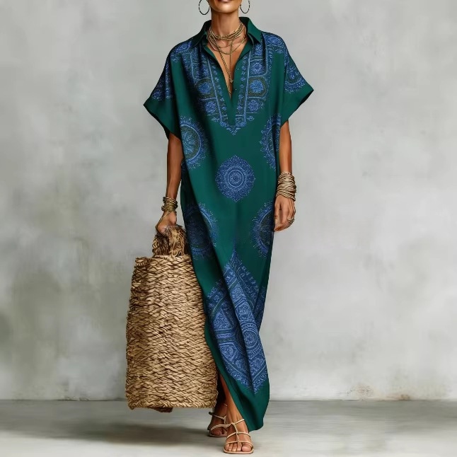 Womens Four-Way Stretch Printed Long Skirt With A Collar