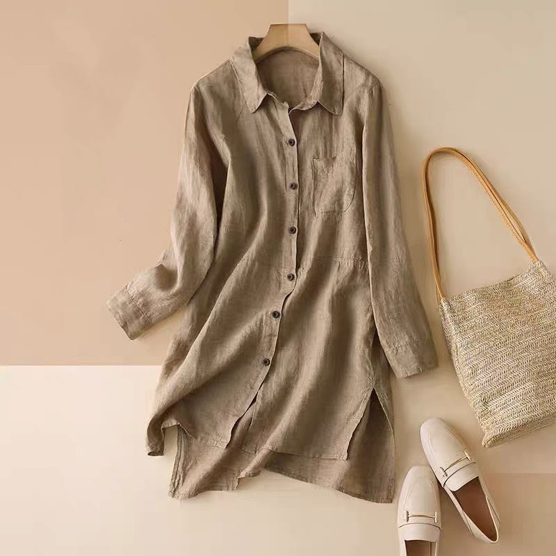Breathable Cotton-Linen Mid-Length Shirt with Hollow-Out