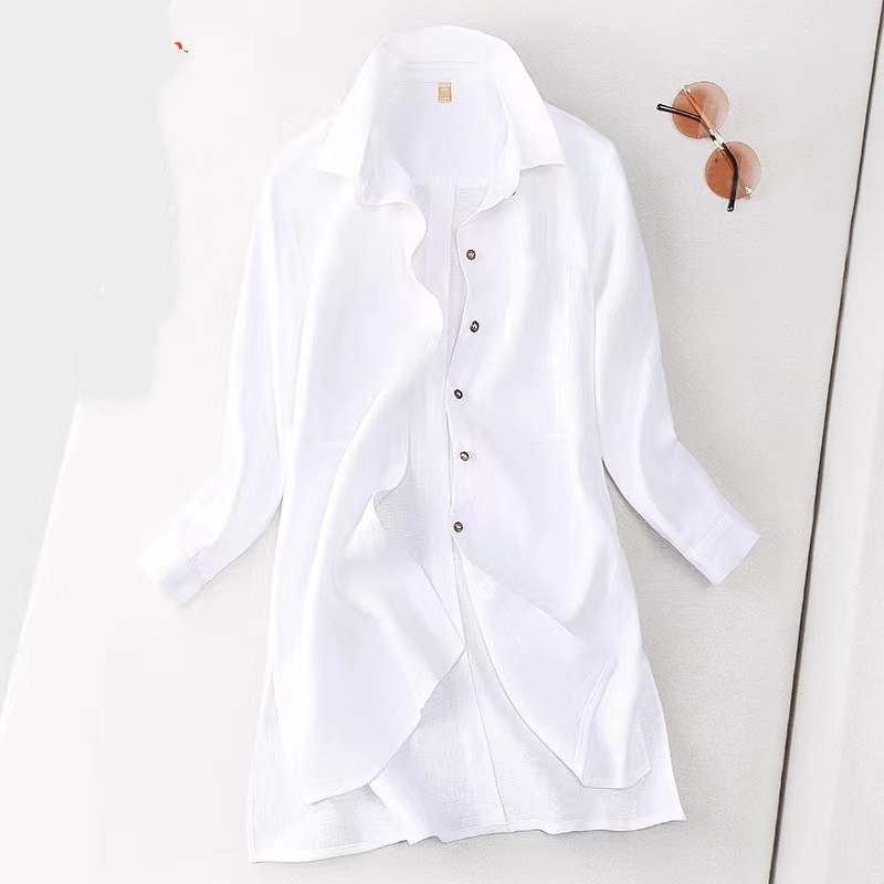Breathable Cotton-Linen Mid-Length Shirt with Hollow-Out