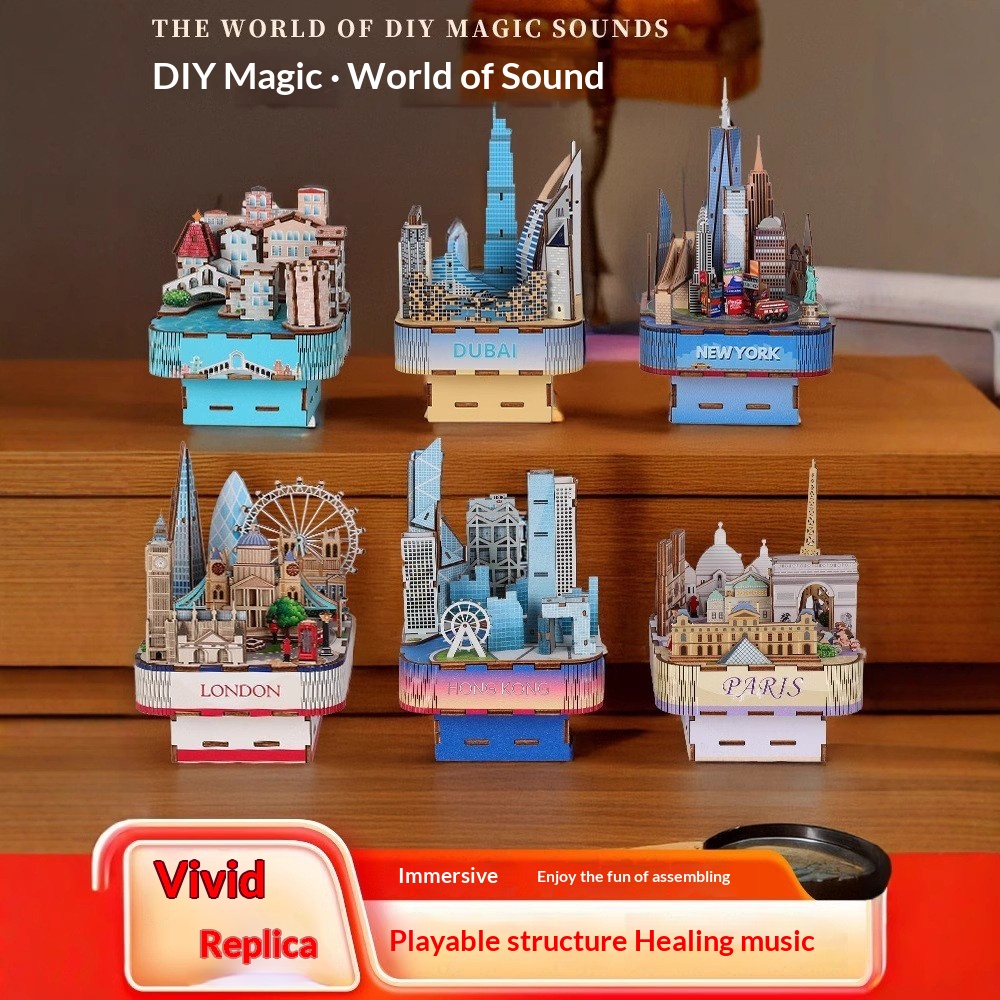 3D Wooden Puzzle Music Box | Handmade City Skyline Model — view 4