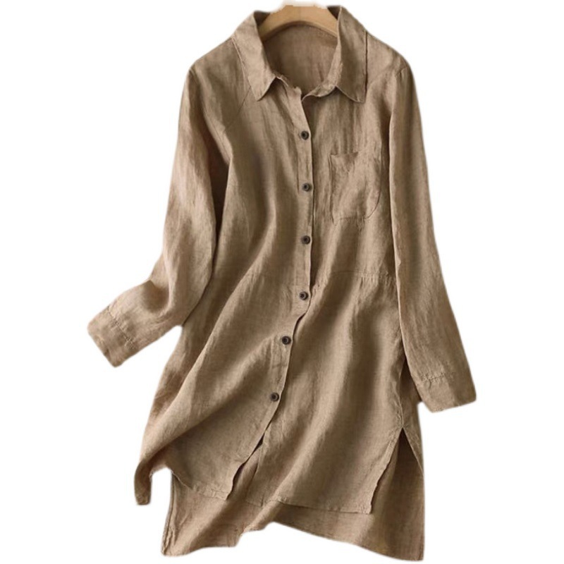 Breathable Cotton-Linen Mid-Length Shirt with Hollow-Out