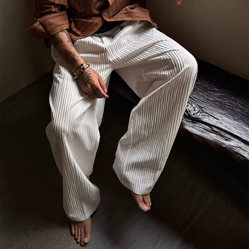 Mens Pleated Textured Wide-Leg Pants