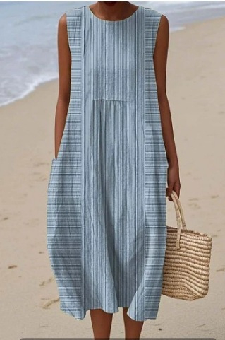 Pocketed Crew-neck Dress With Geometric And Floral Elements