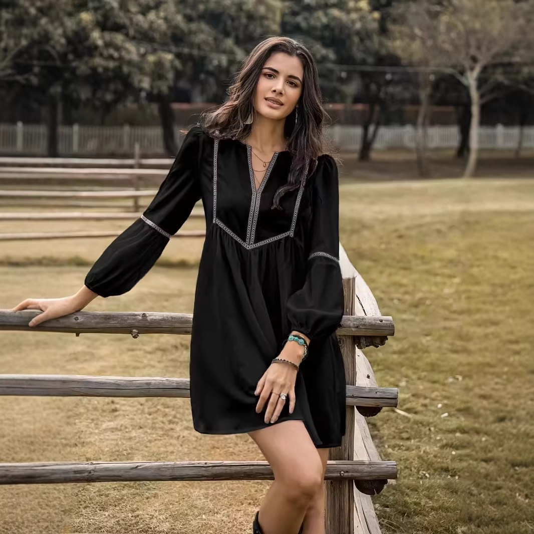 Women's Intellectual Casual Long-Sleeve V-Neck Dress