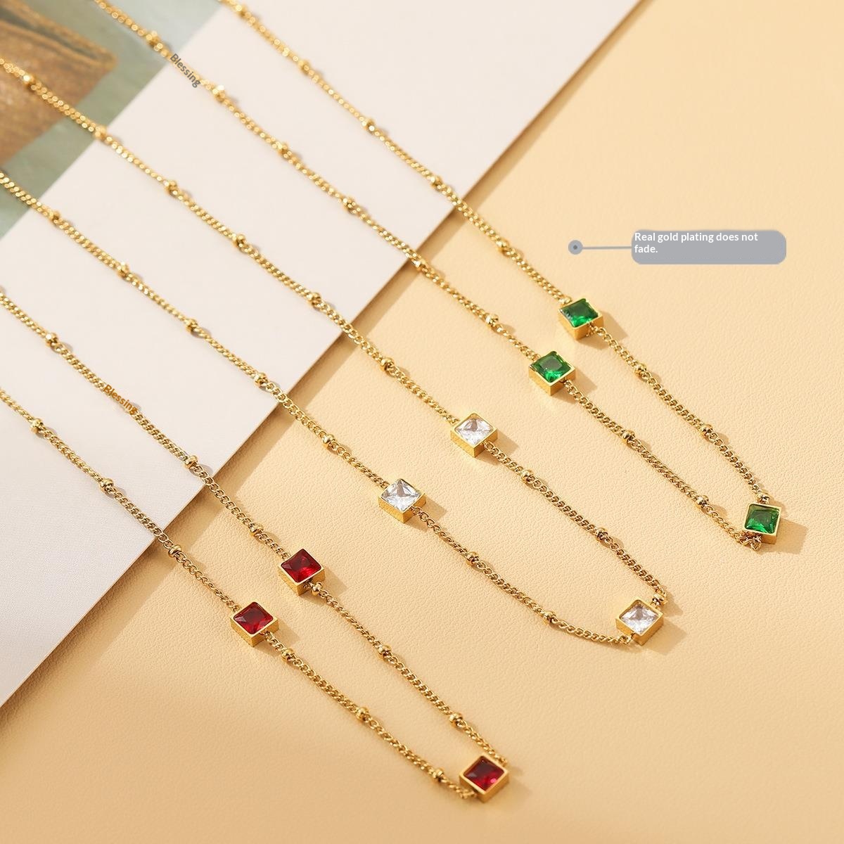 Square-shaped Delicately Crafted Versatile Colored Zircon And Green Zircon Titanium Steel Necklace For Women