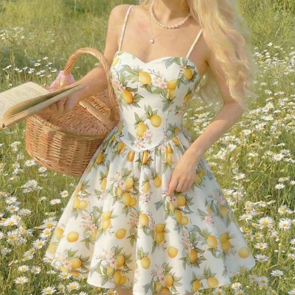 Womens Lemon Floral Slip Dress With Waist-Cinching Design Open Back And Bow For Vacation