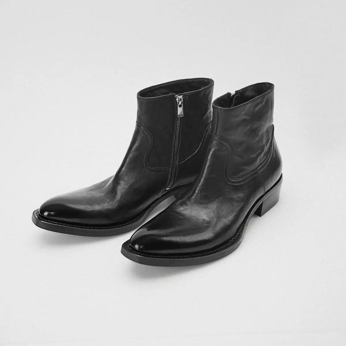 Pleated Thick-Soled Height-Boosting Pointed-Toe Cowhide Ankle Boots For Commuting