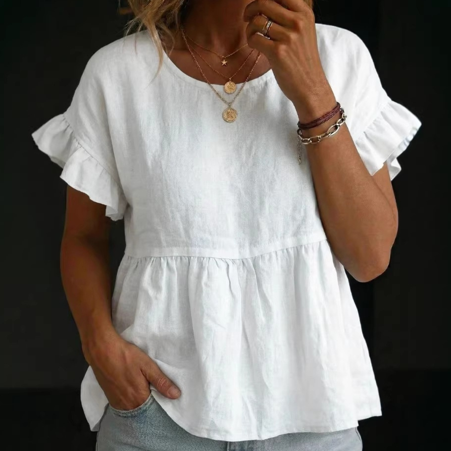 Solid-color Crewneck Short-sleeve Ruched Casual Shirt