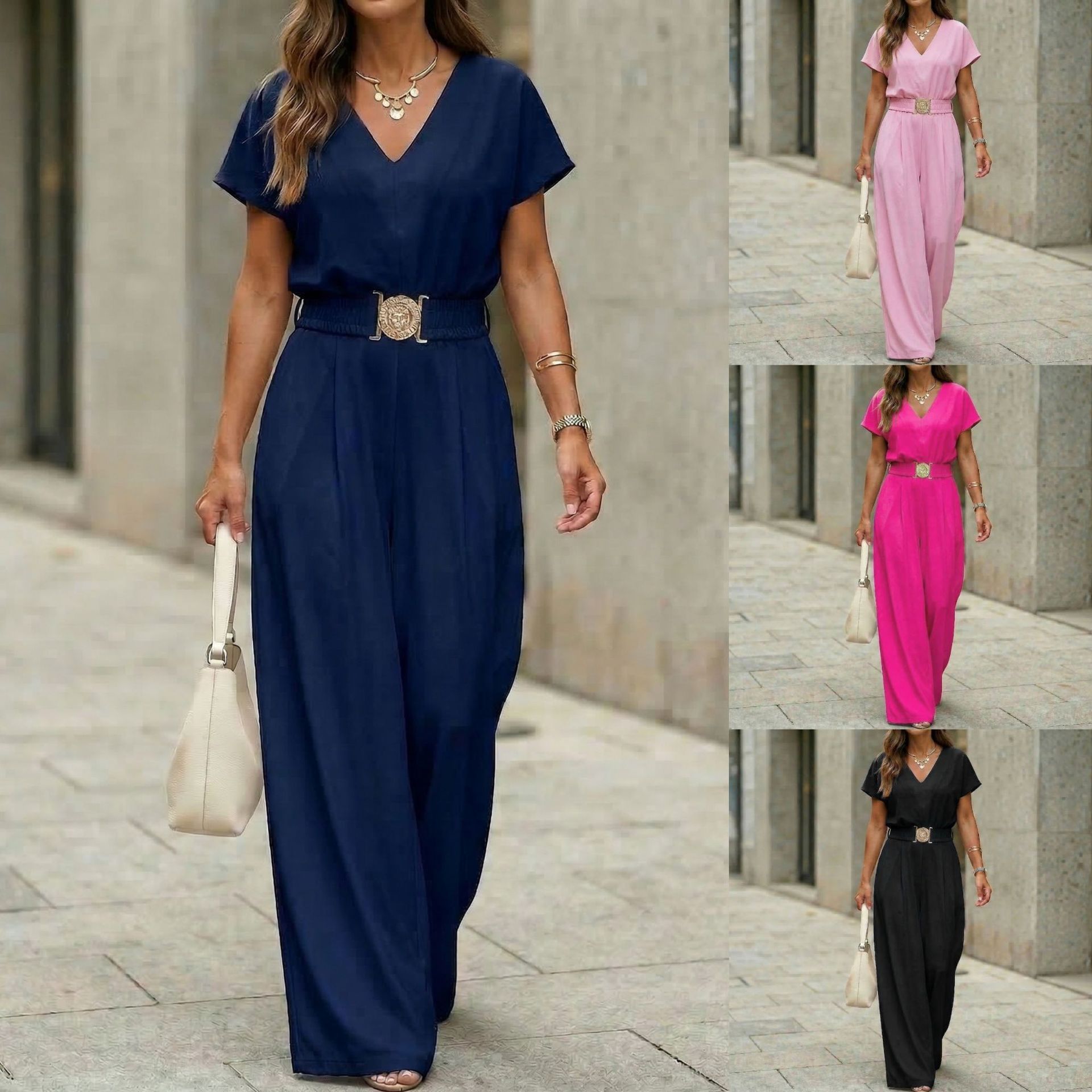 Women's belted wide-leg jumpsuit detail shot showing belt and V-neckline