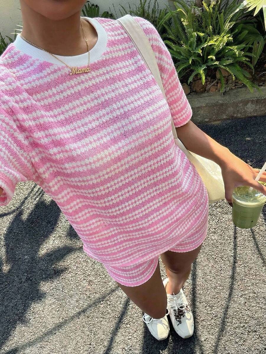 Women's crew-neck spliced set in sky blue, casual summer lifestyle photo
