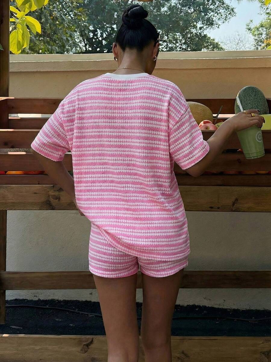 Women's crew-neck shorts set in black, casual outfit styling
