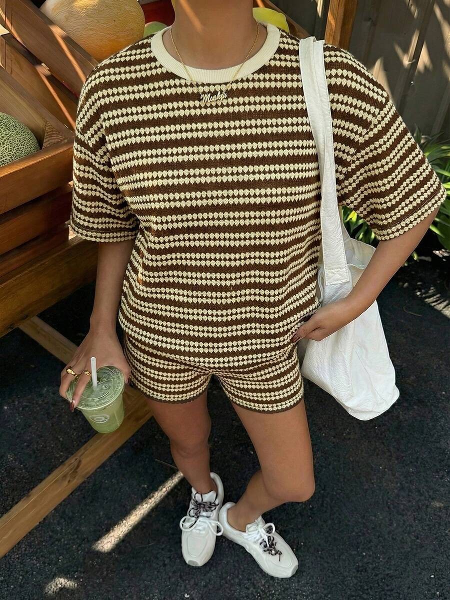 Women's crew-neck matching set in apricot, back view showing shorts