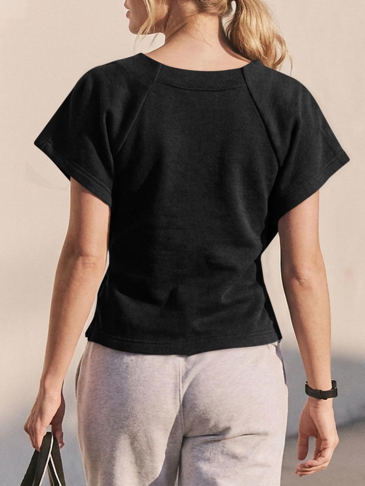 Women's bow-knot top in khaki, side view showing loose relaxed fit