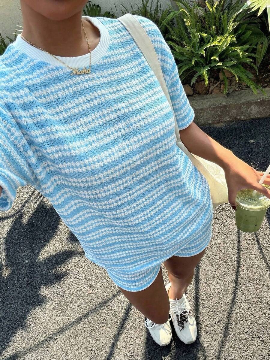 Women's crew-neck shorts set in khaki, full outfit lifestyle photo