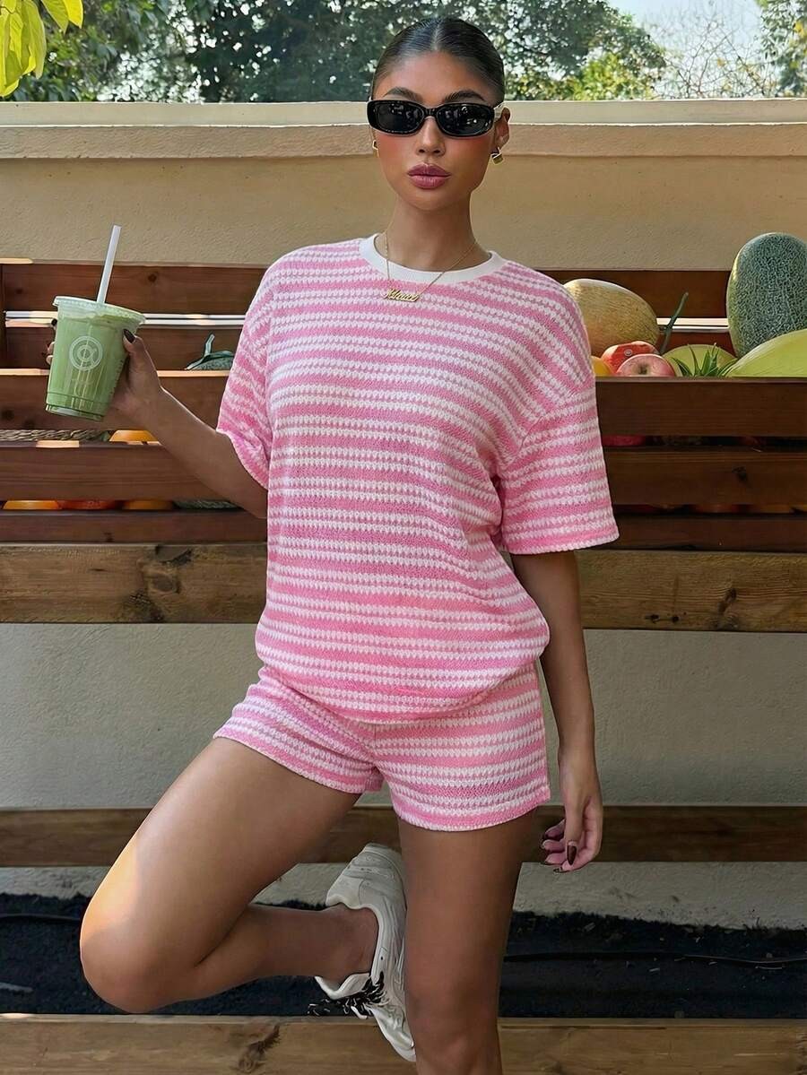 Women's spliced T-shirt and shorts set in apricot, full length view