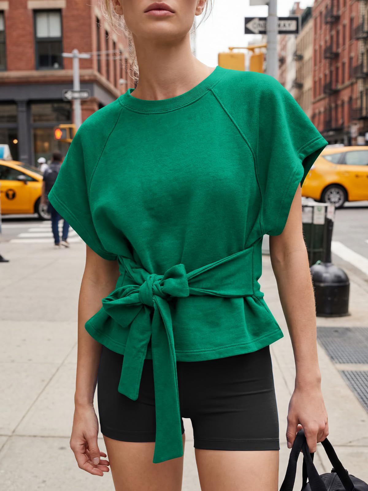 Women's lace-up bow-knot top in khaki, full front view showing loose silhouette