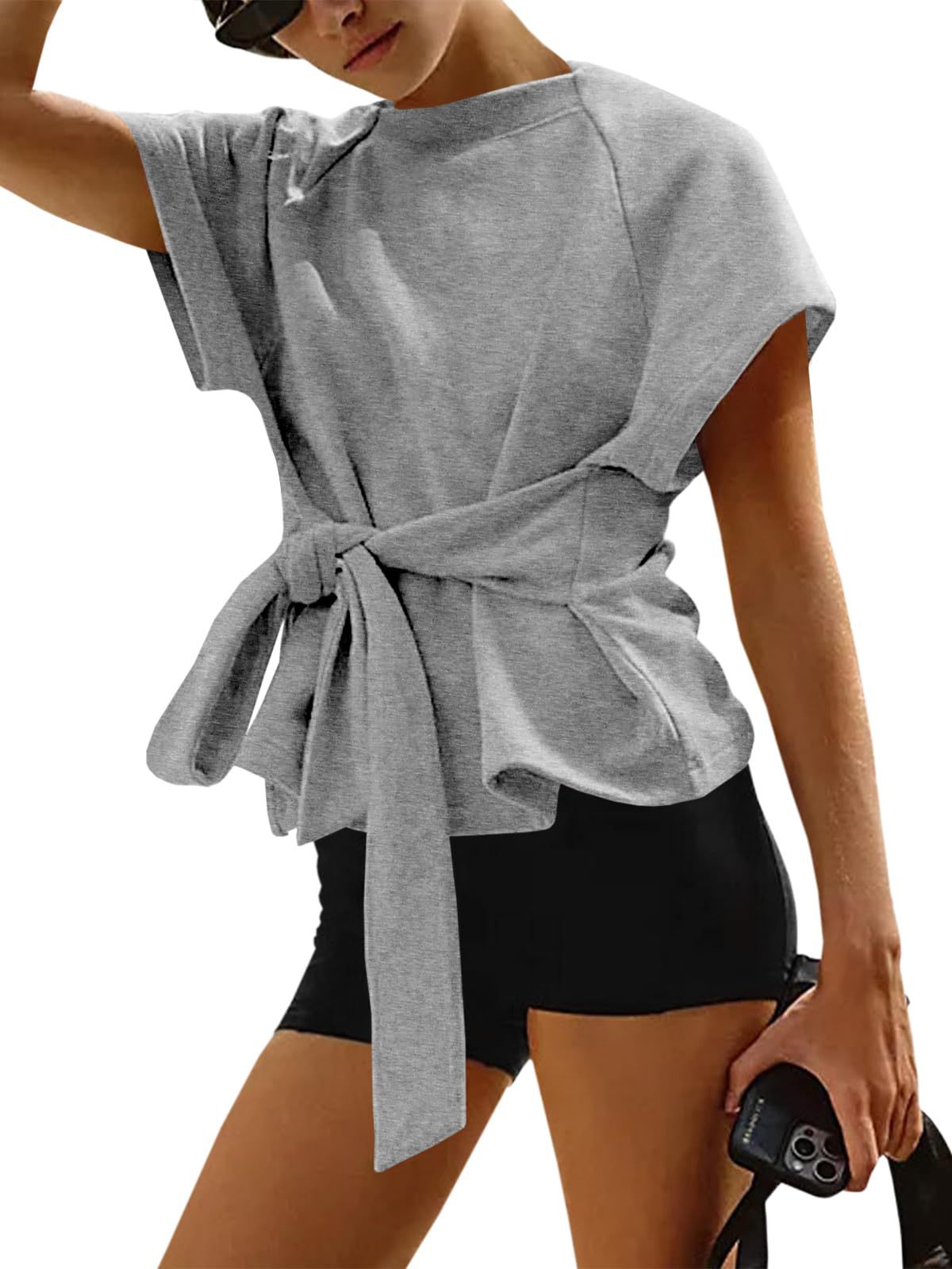 Women's loose round-neck top in gray, casual outfit flat lay
