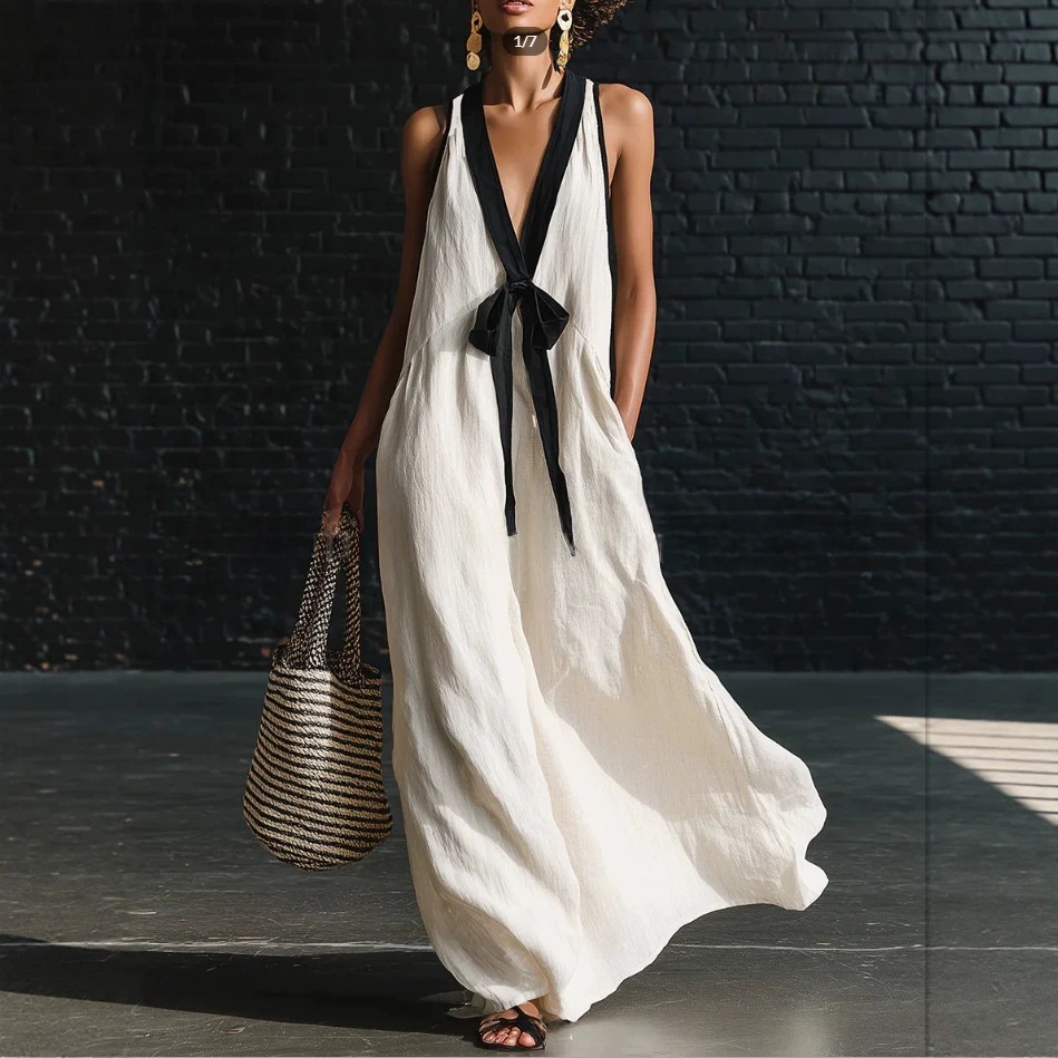 Classic Elegant Contrast-color Necktie Long Dress
