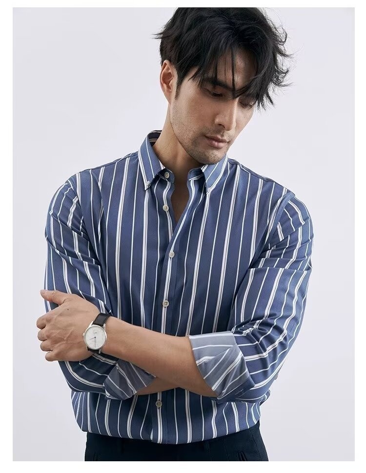 Loose-Fit Cotton Men’s Striped Long Sleeve Shirt for Spring/Autumn Loose-Fit Cotton Men’s Striped Long Sleeve Shirt for Spring/Autumn