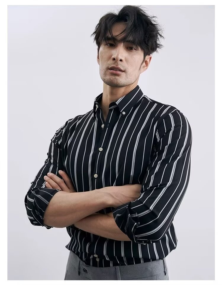 Loose-Fit Cotton Men’s Striped Long Sleeve Shirt for Spring/Autumn Loose-Fit Cotton Men’s Striped Long Sleeve Shirt for Spring/Autumn