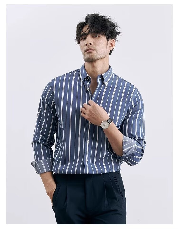 Loose-Fit Cotton Men’s Striped Long Sleeve Shirt for Spring/Autumn Loose-Fit Cotton Men’s Striped Long Sleeve Shirt for Spring/Autumn