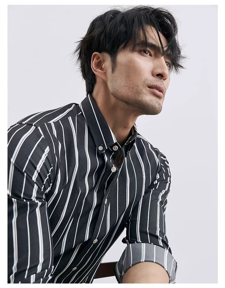 Loose-Fit Cotton Men’s Striped Long Sleeve Shirt for Spring/Autumn Loose-Fit Cotton Men’s Striped Long Sleeve Shirt for Spring/Autumn