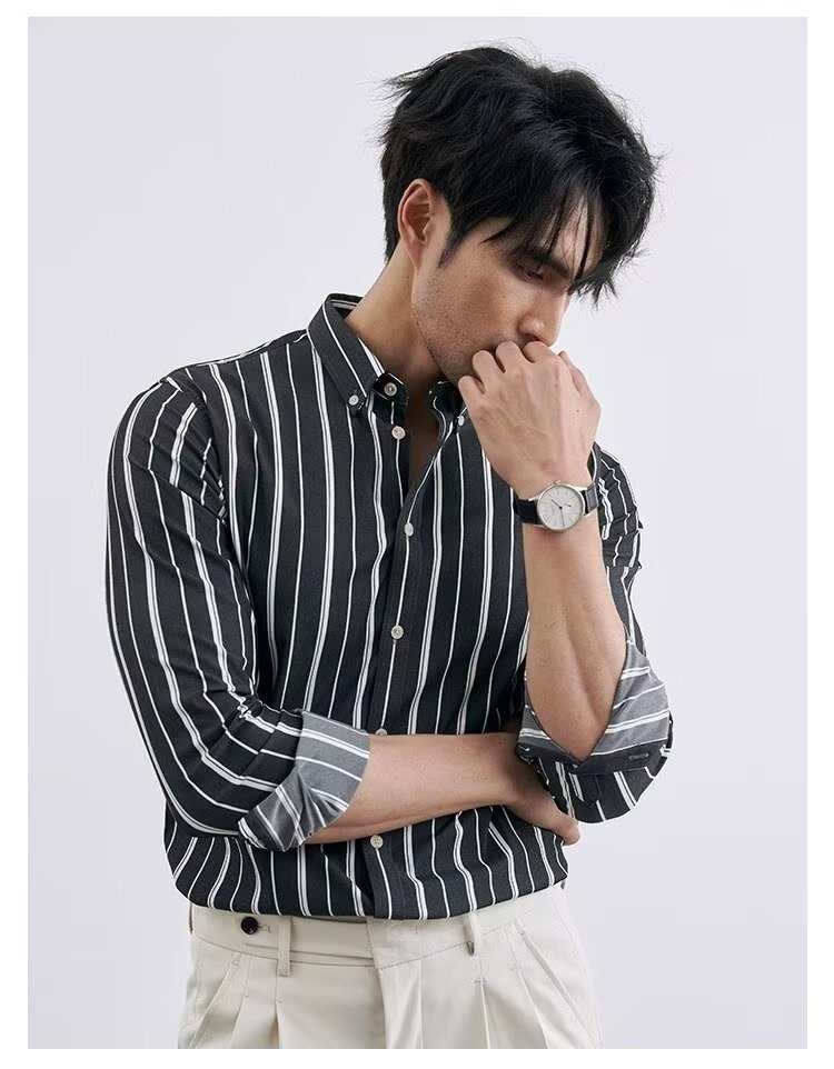 Loose-Fit Cotton Men’s Striped Long Sleeve Shirt for Spring/Autumn Loose-Fit Cotton Men’s Striped Long Sleeve Shirt for Spring/Autumn