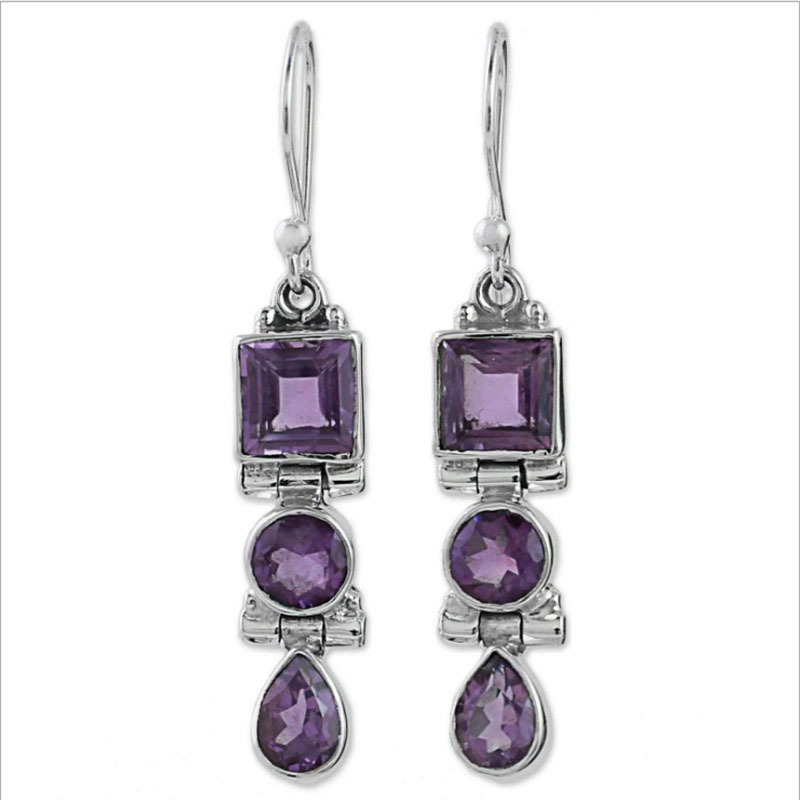 Vintage Geometric Oval Earrings - Purple