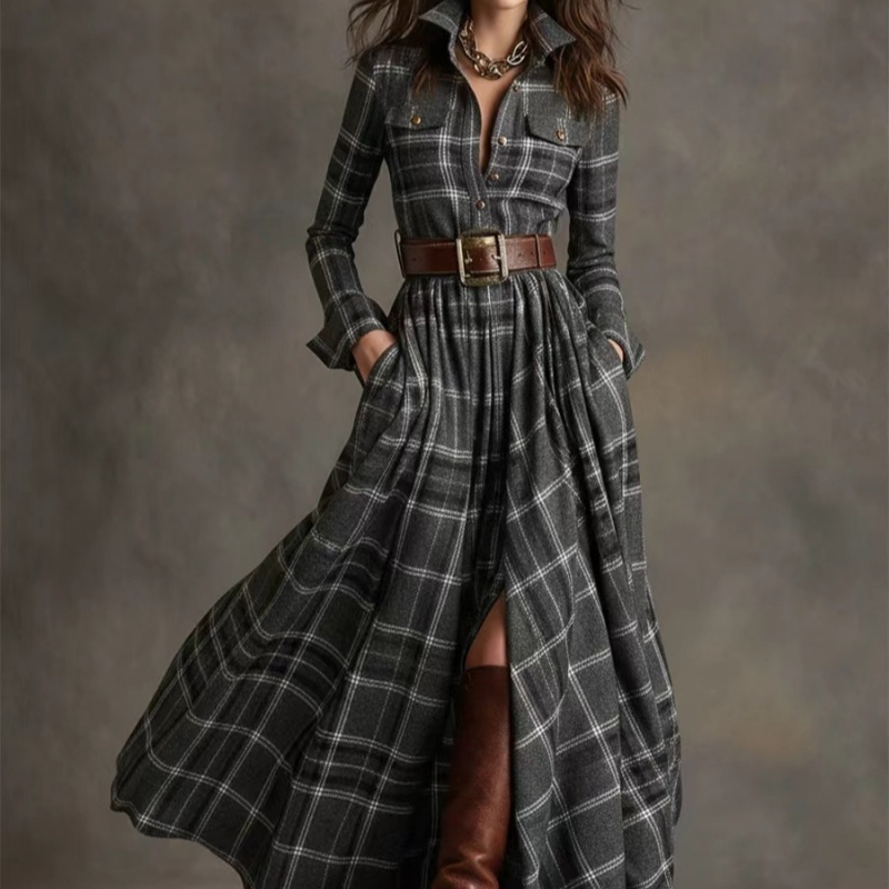 Ins Plaid Print Long-Sleeved Dress Fashion Pockets Collared Buttons Shirt Long Dresses Retro Women's Clothing