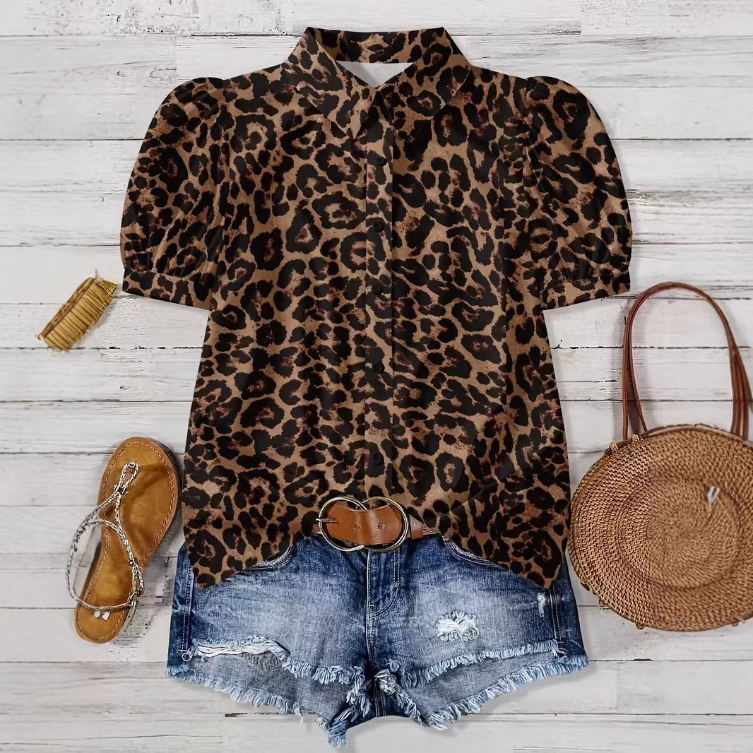 Leopard Print Statement Blouse for Women, Short Sleeve
