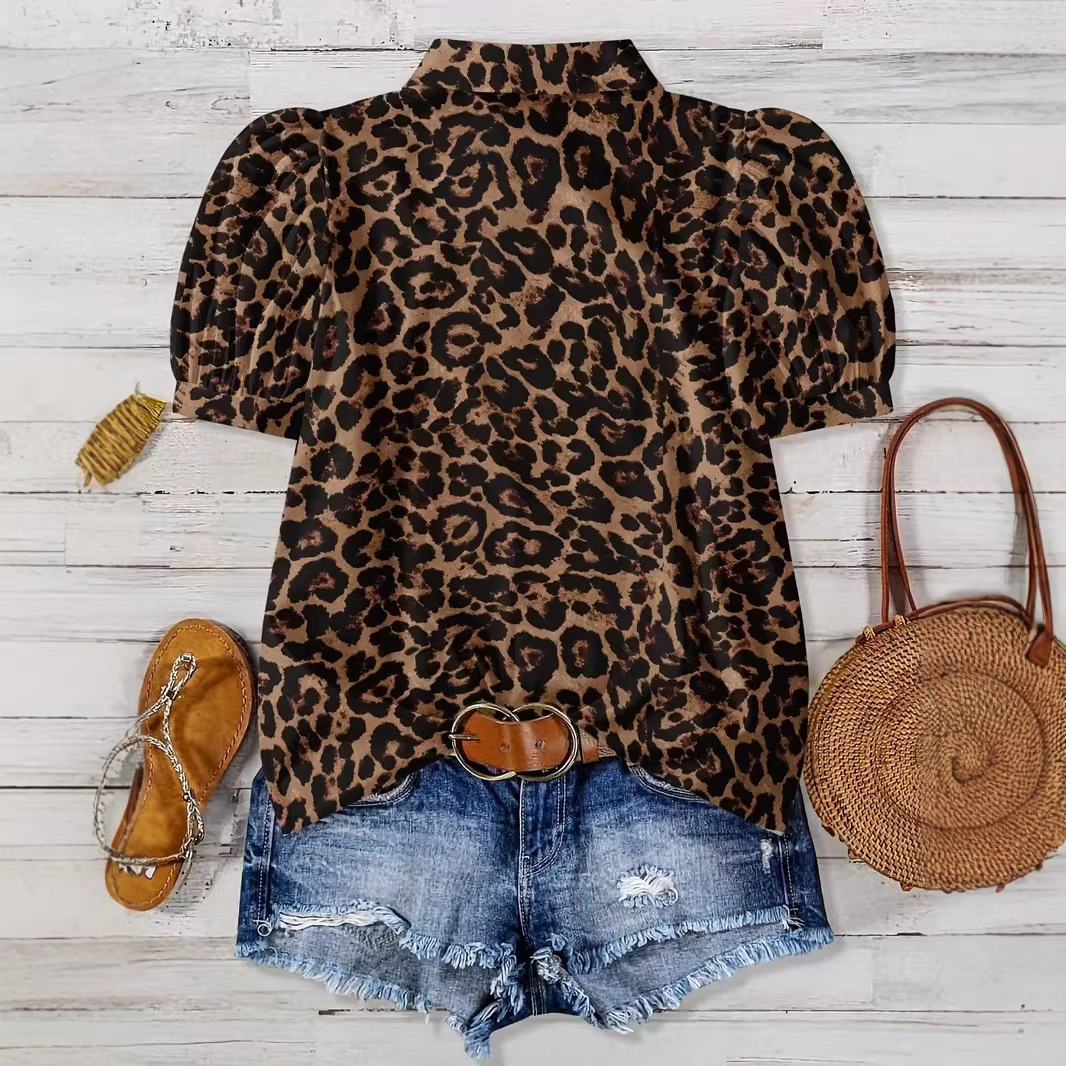 Leopard Print Statement Blouse for Women, Short Sleeve