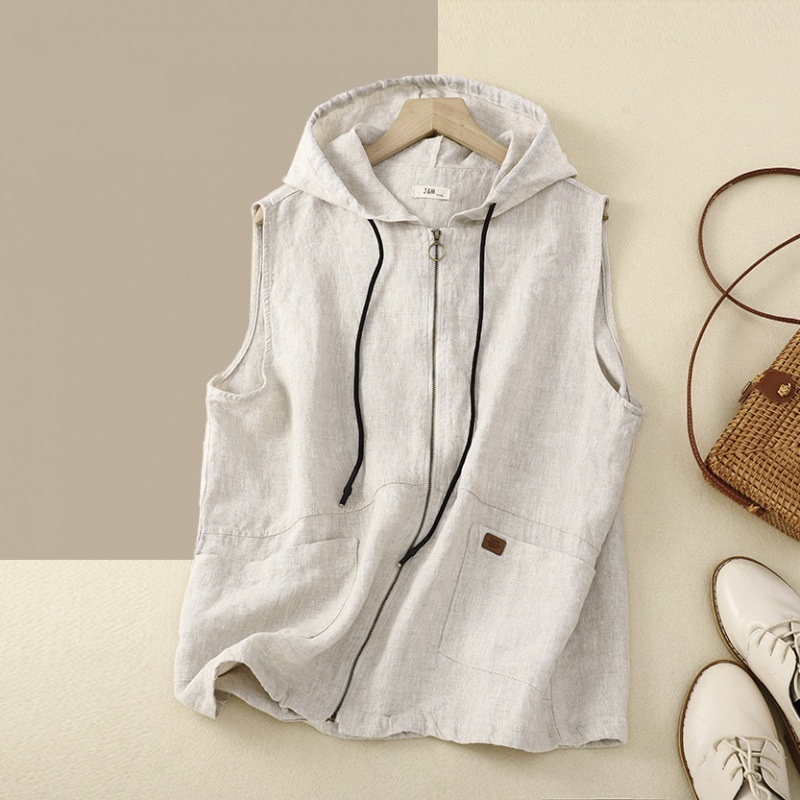 Artistic Retro Hooded Solid-Color Casual Loose Sleeveless Vest