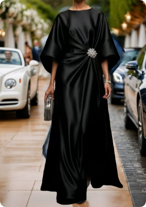 Elegant Commuter Design Sense Satin Long Dress For Women With Pearl Flower Decoration High Waist Irregular Skirt - Image 6