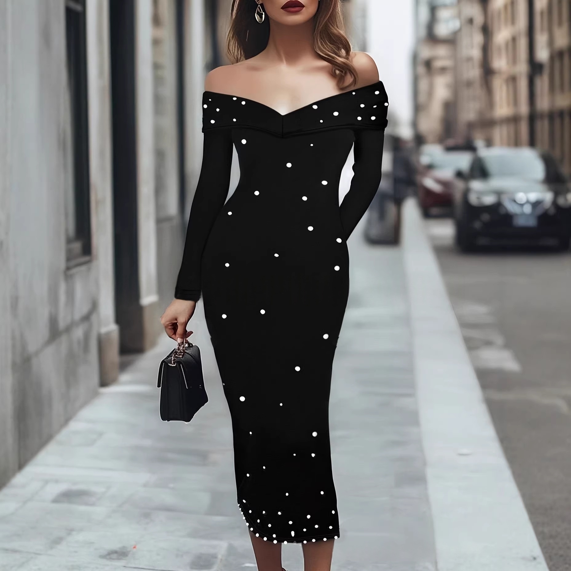 Womens Fashion Solid-Color Long-Sleeve Beaded Sheath Off-Shoulder Dress