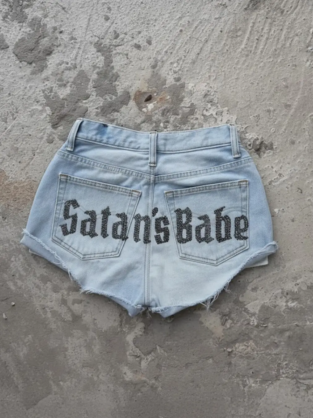 Retro Double-Button Letter Rhinestone Low-Waist Shorts
