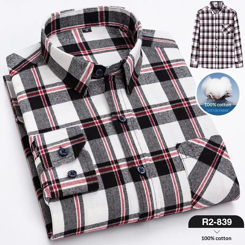 Spring New Mens Casual Fashionable Pure Cotton Brushed Flannel Plaid Long-Sleeve Shirt