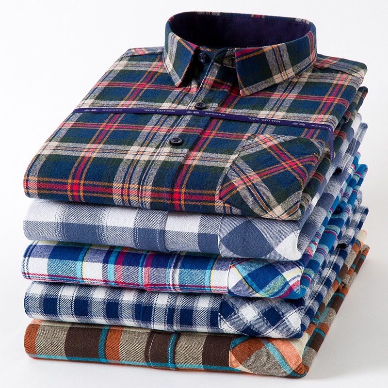 Spring New Mens Casual Fashionable Pure Cotton Brushed Flannel Plaid Long-Sleeve Shirt