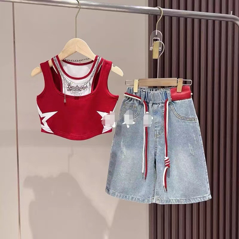 Girls New Stylish Vest And Denim Shorts Summer Two-Piece Set