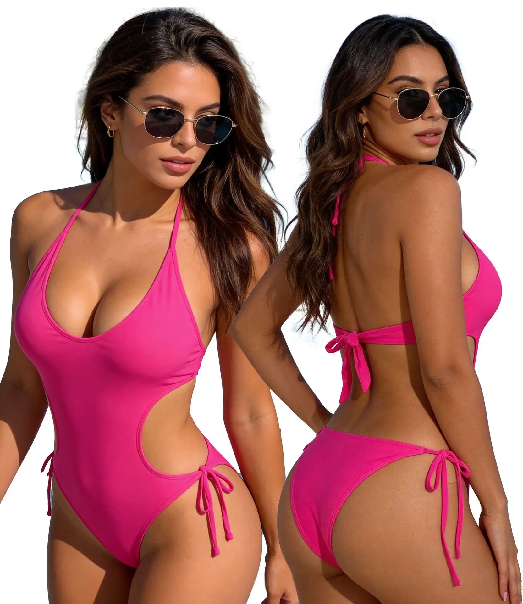 Womens One-Piece Swimsuit Deep V-Neck Ribbed Backless Lace-Up Bikini Swimwear