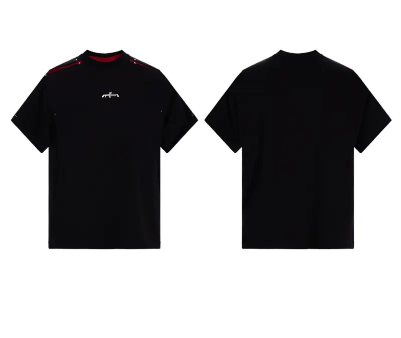 Contrast-color Crewneck Straight-shoulder T-shirt With Puffed Sleeves