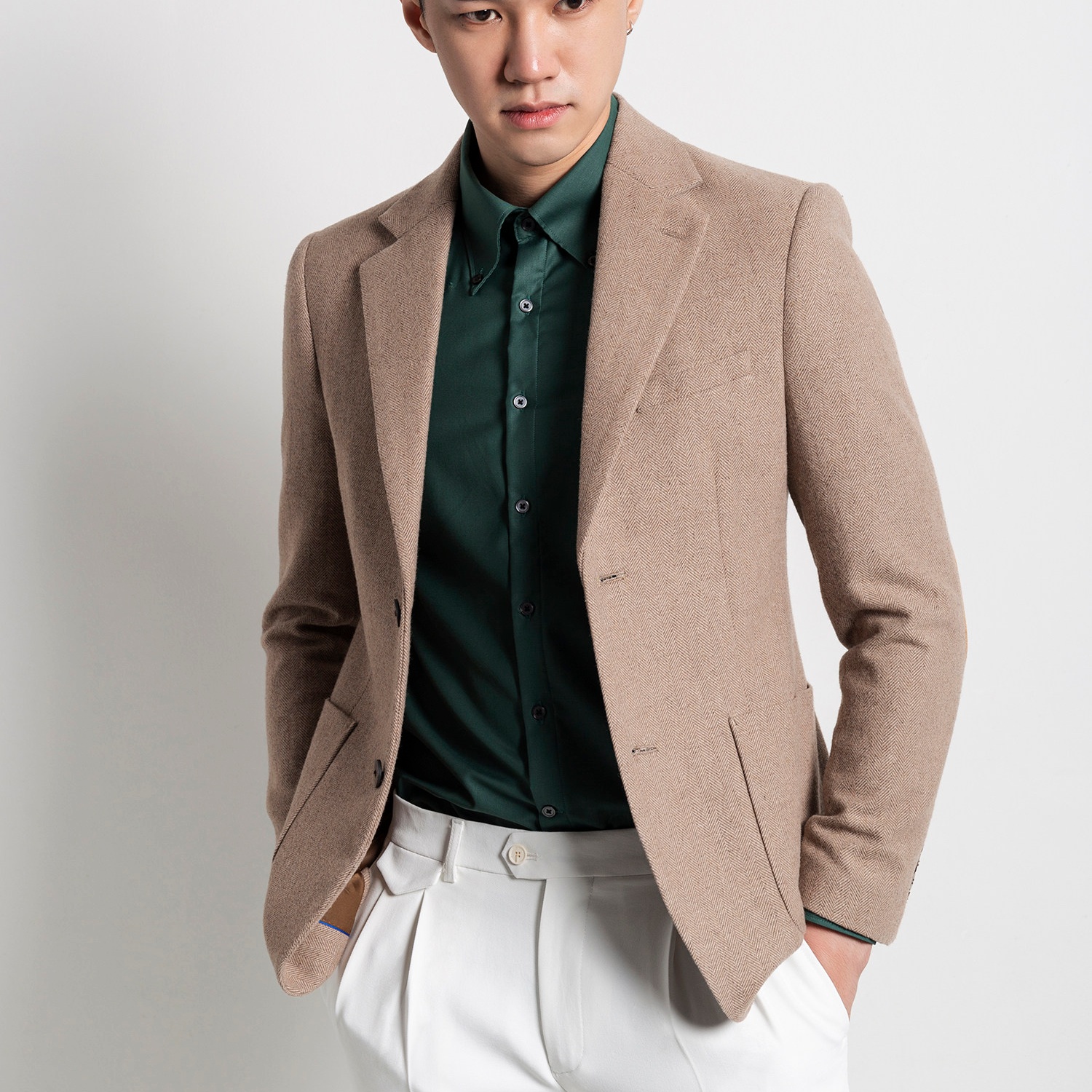 Retro Light Khaki European Style Casual Single Suit