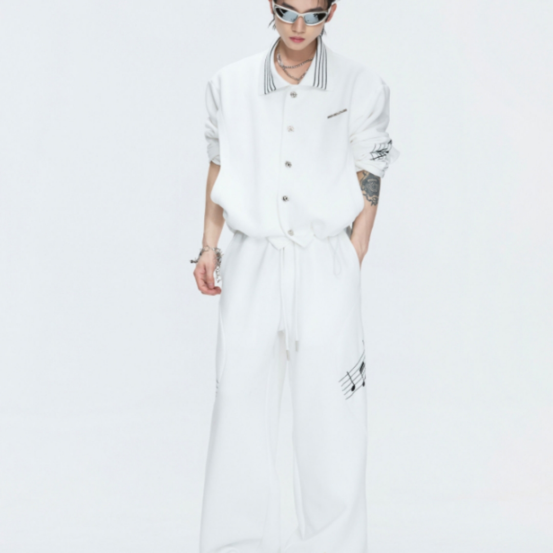 3D Embroidered Note Short Wide-Shoulder Sweatshirt Set — image 1