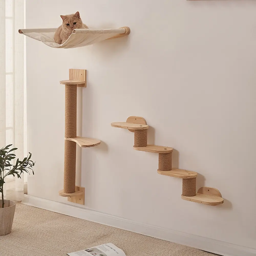 Wooden Cat Tree Wall-Mounted Solid Wood Scratching Post
