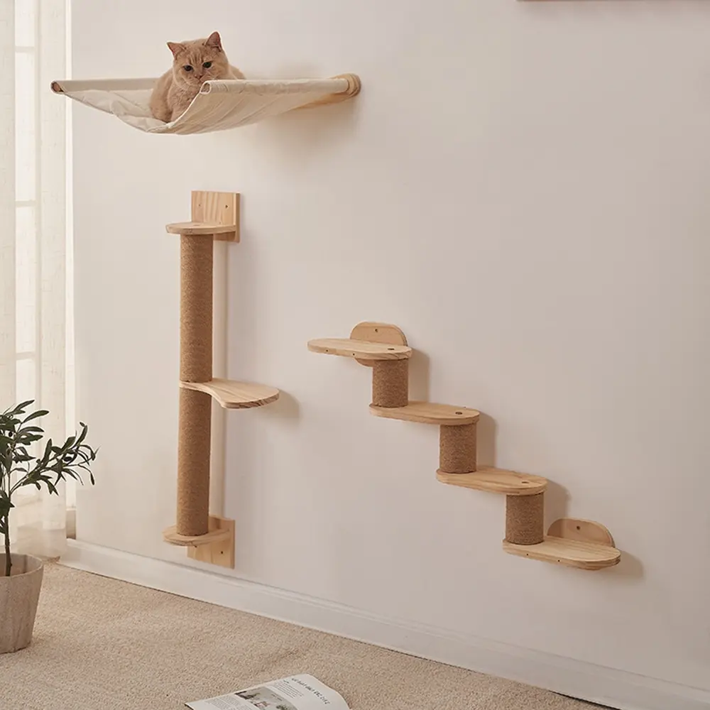 Wooden Cat Tree Wall-Mounted Solid Wood Scratching
