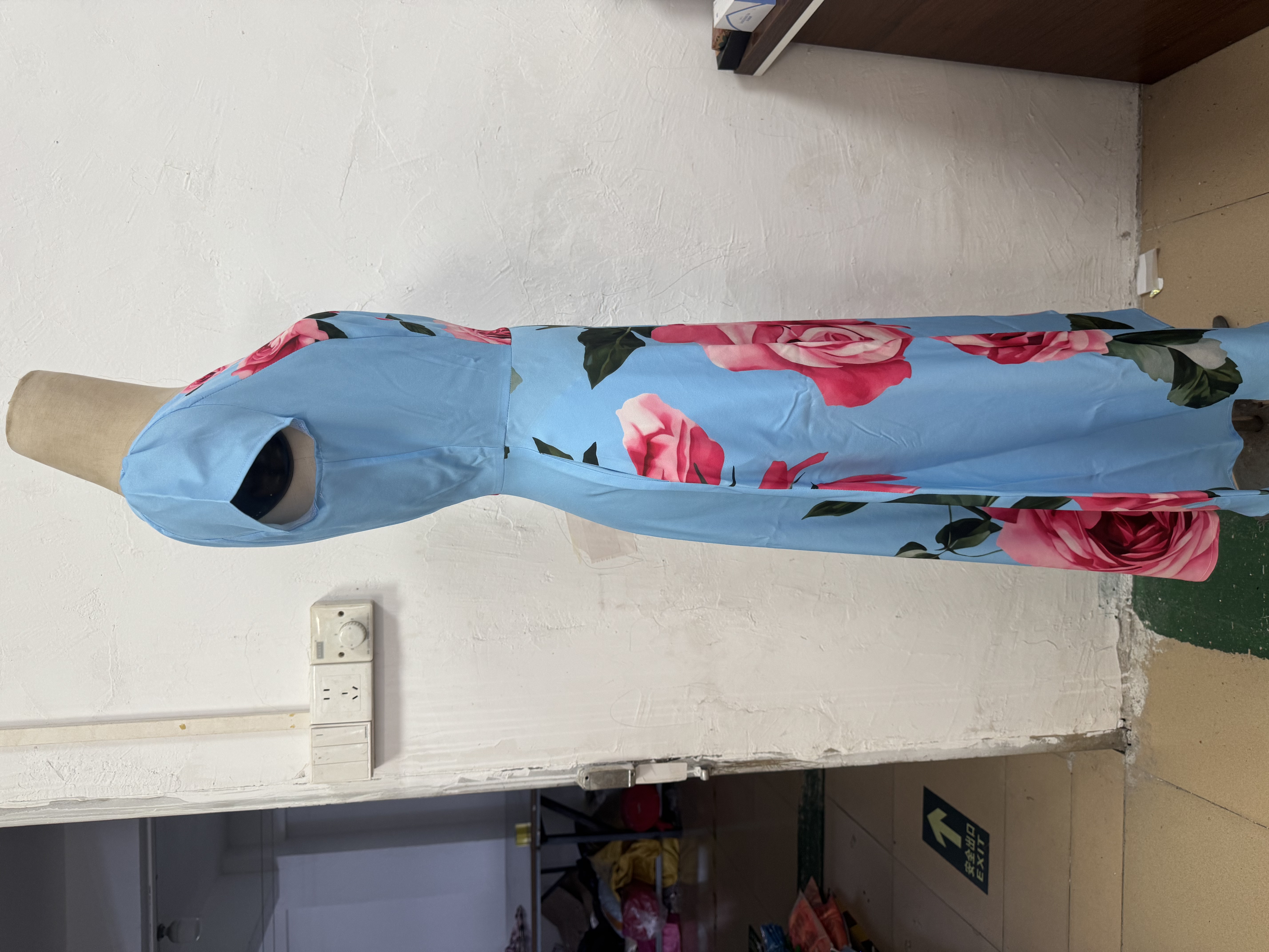 Light Blue Rose Print Fit & Flare Midi Dress