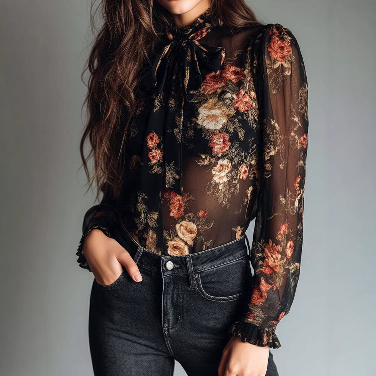 Women's Sheer Floral Print Collar Shirt