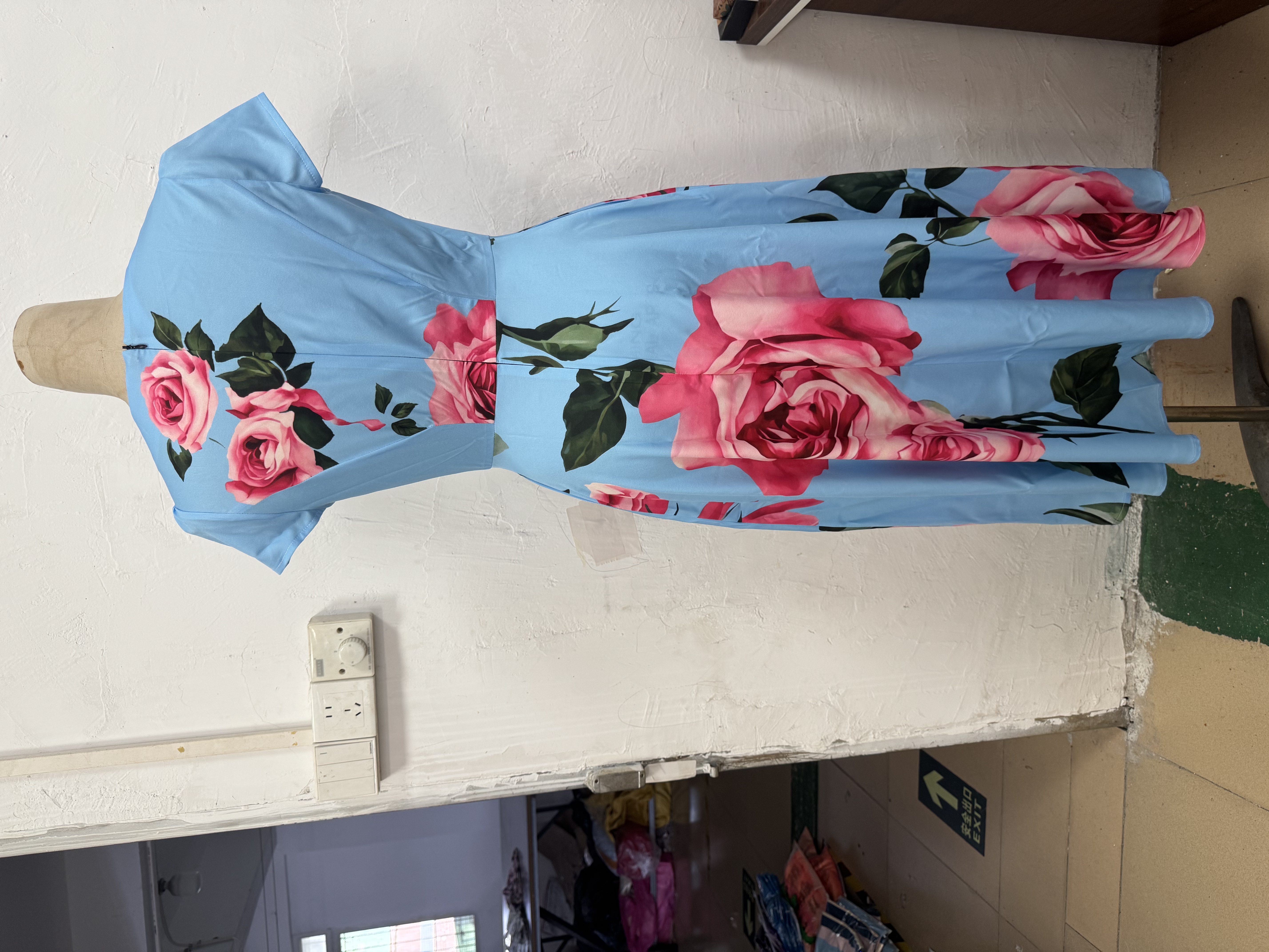 Light Blue Rose Print Fit & Flare Midi Dress