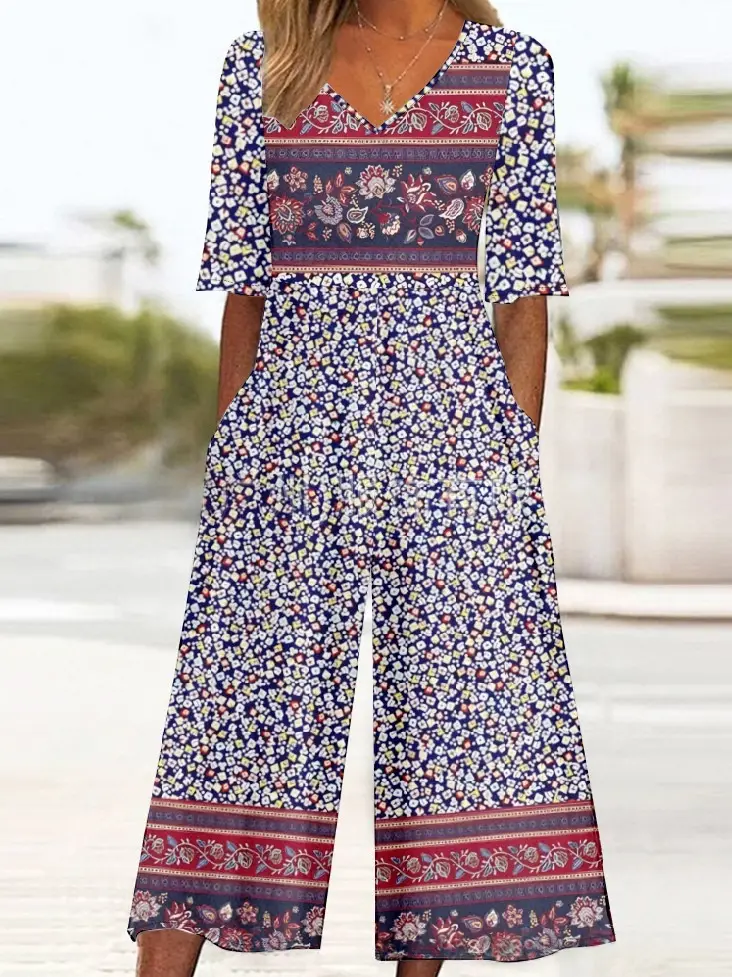 Spring And Summer Print Women's Pocket Collar Jumpsuit