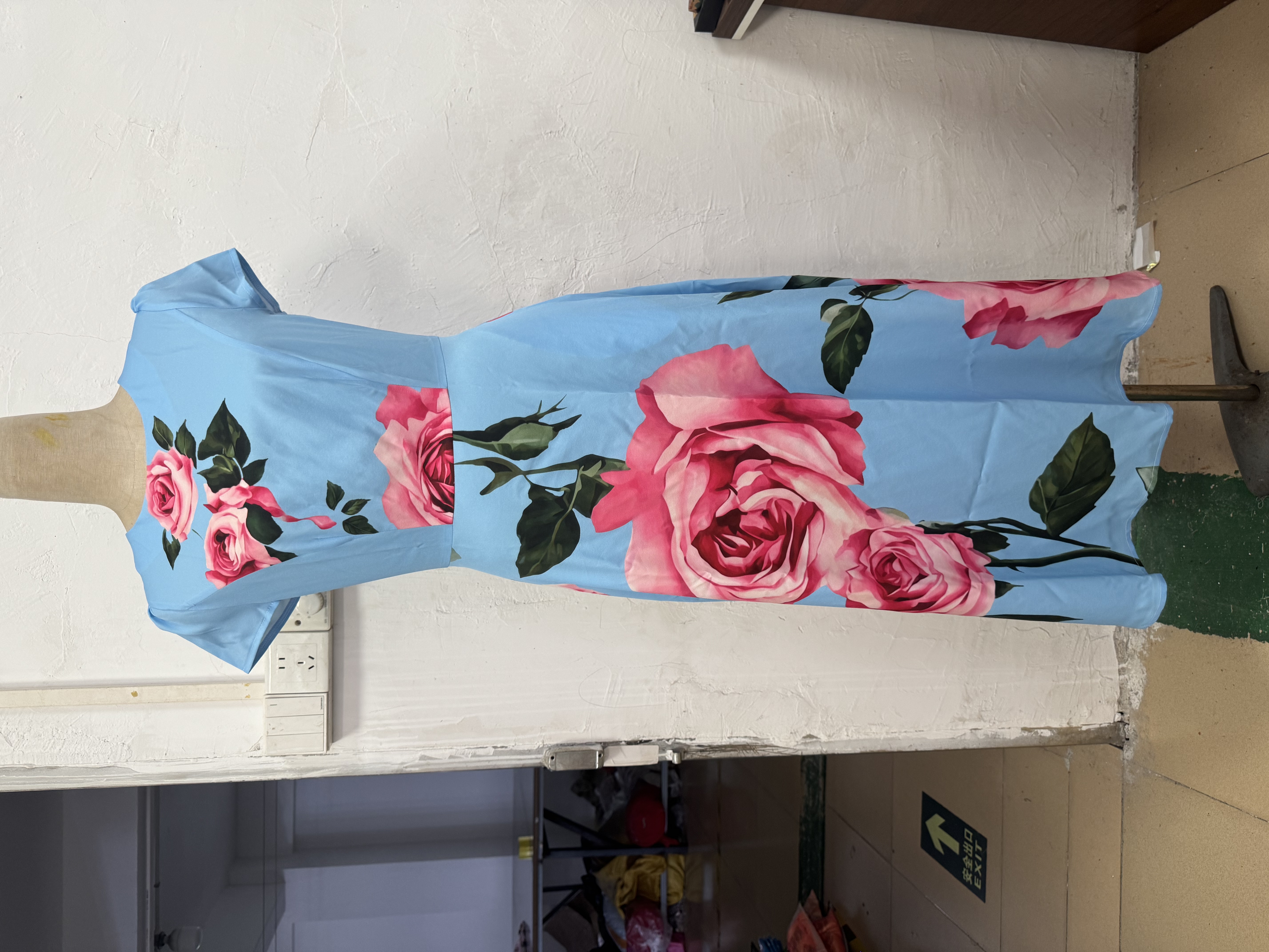 Light Blue Rose Print Fit & Flare Midi Dress