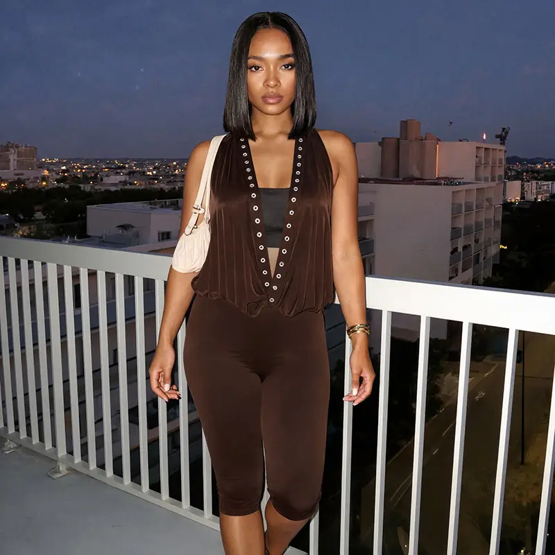 Womens Halter Deep V-Neck Rivet Eyelet Backless Cropped Jumpsuit